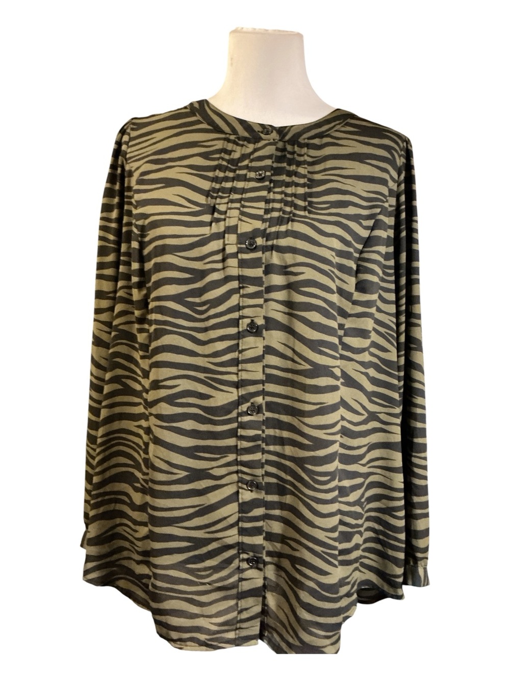 Lane Bryant Olive and Black Zebra Print Long Sleeve Button Shirt